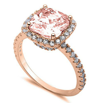 Accent Halo Solitaire Ring Rose Tone,  Simulated Morganite CZ 925 Sterling Silver